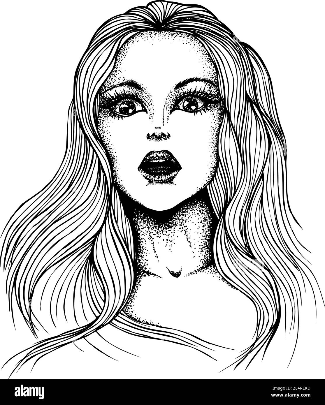 Porträt eines geschockten überrascht Mädchen mit langen Haaren. Vektor handgezeichnete Illustration. Monochrome Zeichnung isoliert auf weißem Hintergrund Stock Vektor