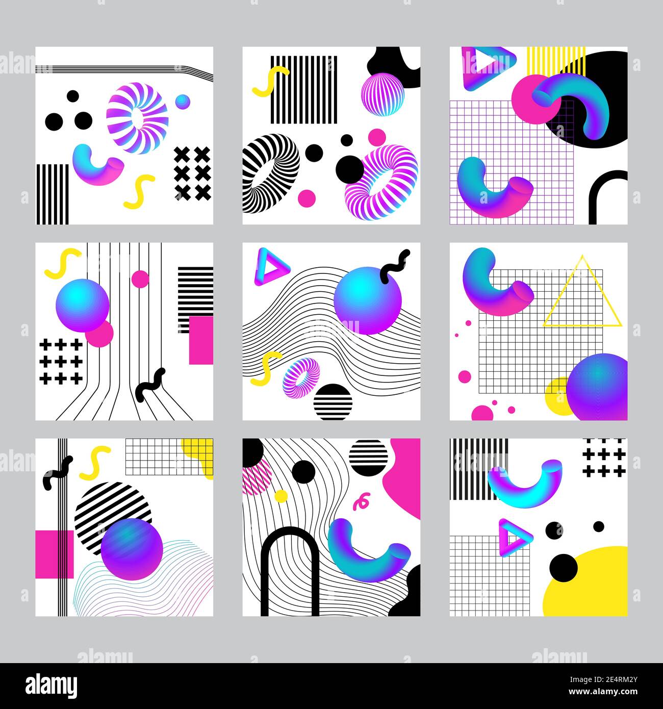 Lebendige 3d Geometrie und Linien abstrakte Collagen Set. Vektordesign für Social Media und visuelle Inhalte, Web- und UI-Design, Poster, Collage, Branding. Stock Vektor