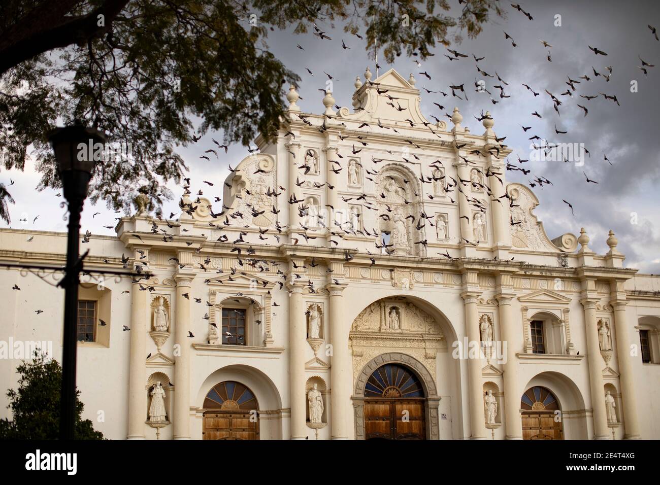 Tauben fliegen vor der Kathedrale in Antigua, Guatemala, Mittelamerika Stockfoto
