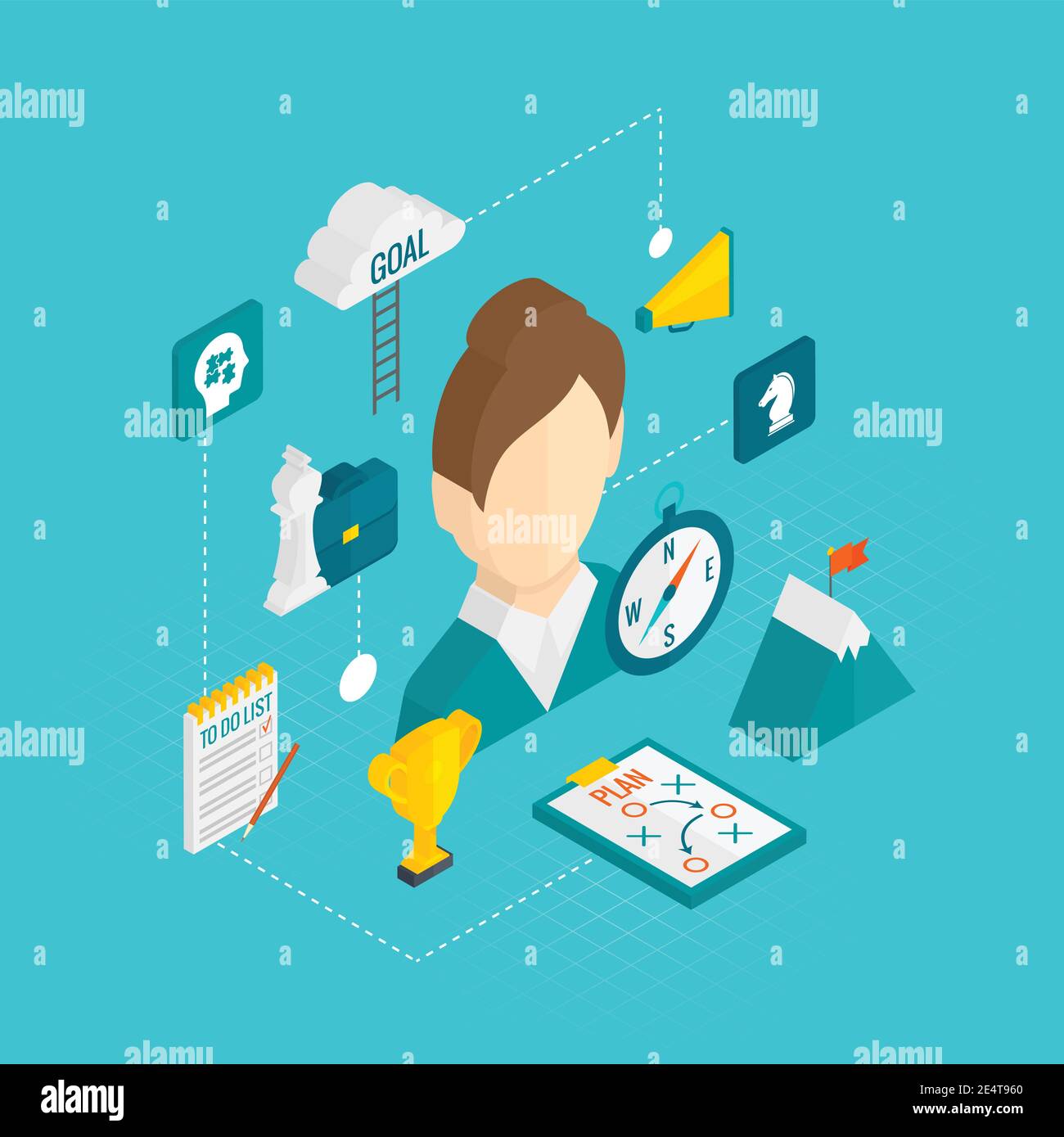 Coaching Business isometrisches Icon Set mit weiblichen Trainer Avatar Vektor Abbildung Stock Vektor