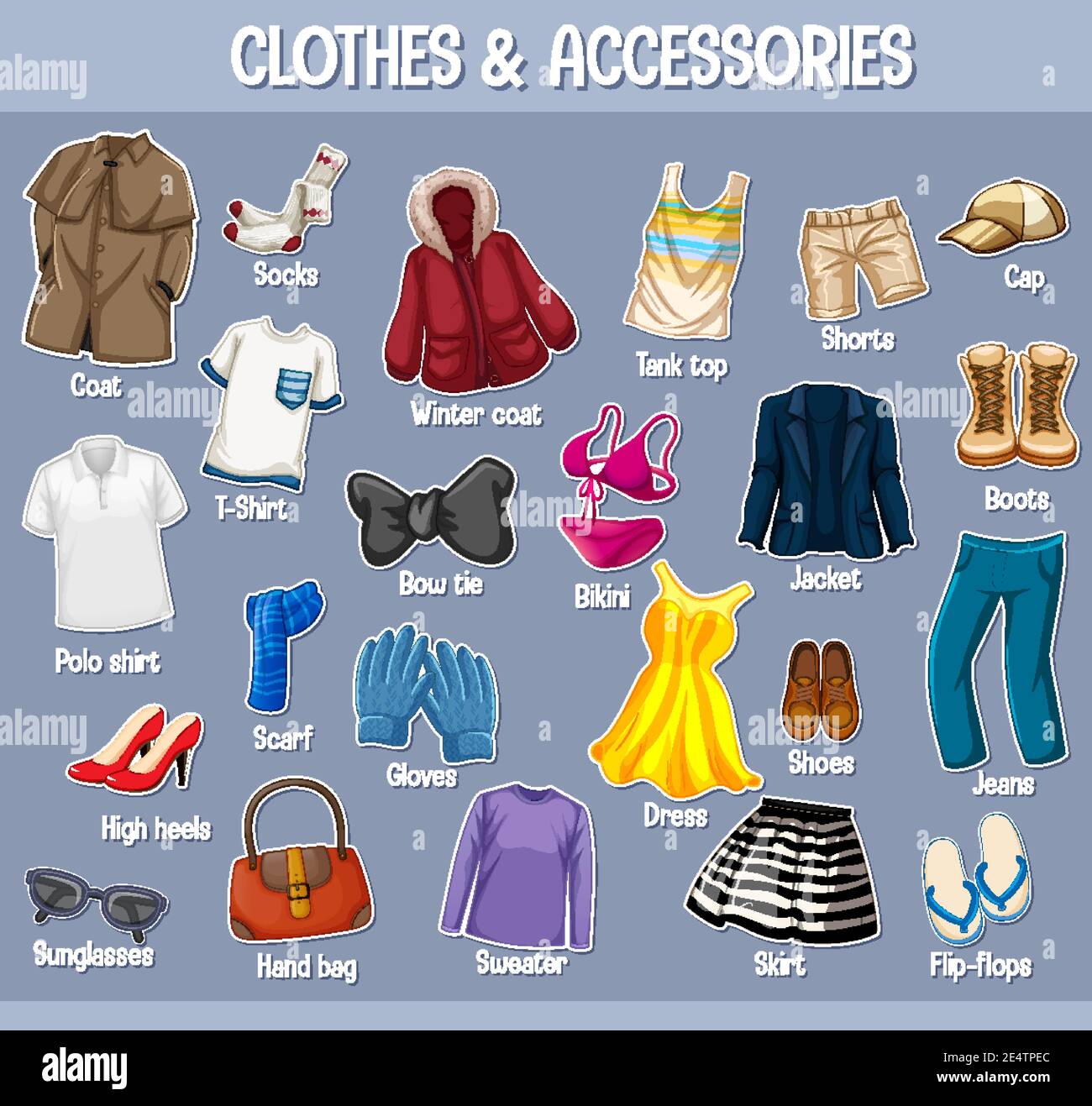 Kleidung und Accessoires mit Namen isoliert auf lila Hintergrund Illustration Stock Vektor