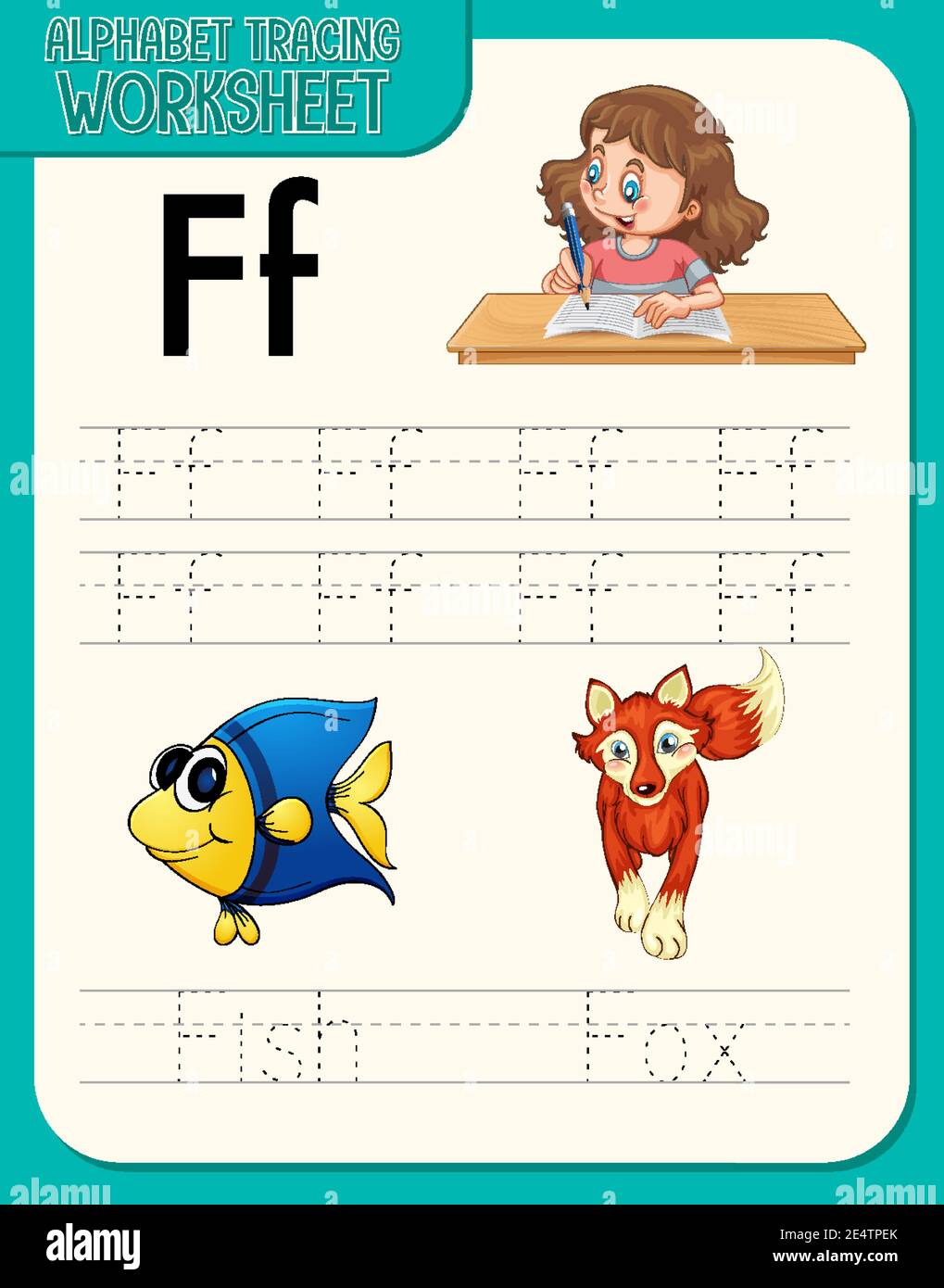 Arbeitsblatt zur Nachverfolgung des Alphabets mit Darstellung von Buchstaben und Vokabeln Stock Vektor