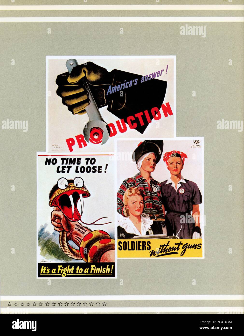 Plakate, die US-Bürger anflehen, während des Zweiten Weltkriegs mehr Kriegsmaterial zu produzieren (1940er Jahre 'Life' Magazine Compilation) Stockfoto