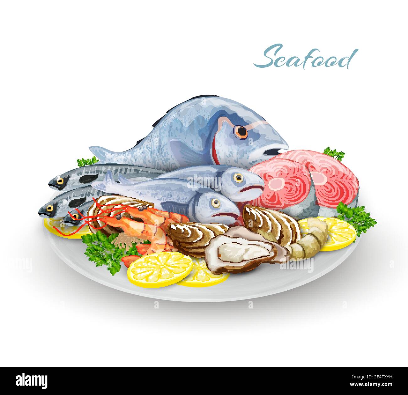 Meeresfrüchte-Platte mit Delikatesse Gourmet Fisch Restaurant Produkte Zusammensetzung Vektor Abbildung Stock Vektor
