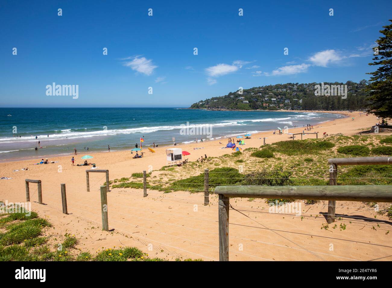 Palm Beach Sydney an einem heißen Sommertag mit Menschen Genießen Sie den Strand und das Meer, Sydney Northern Beaches, NSW, Australien Stockfoto