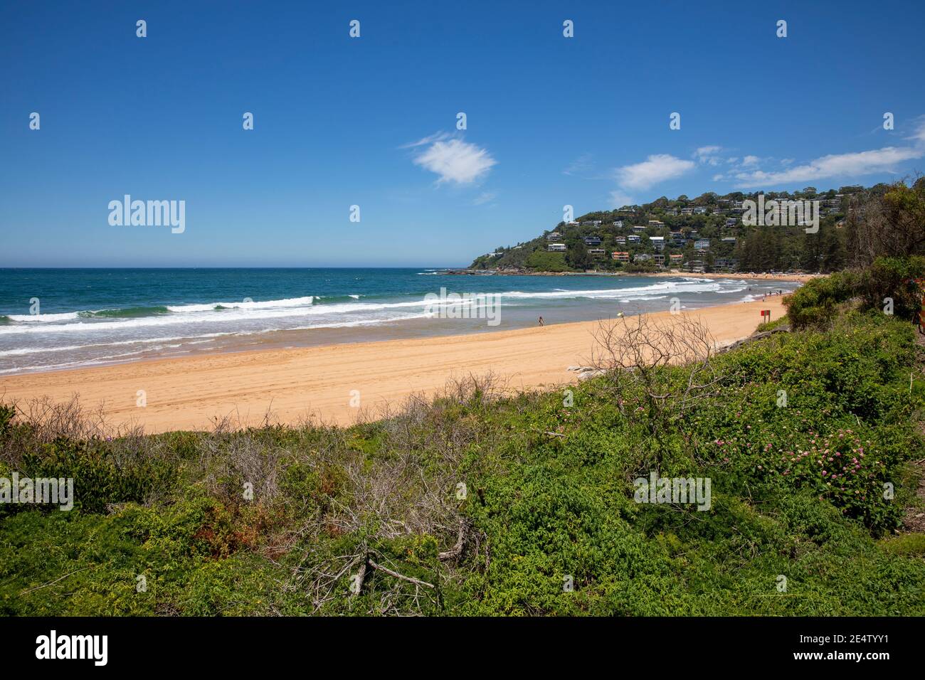 Palm Beach Sydney an einem heißen Sommertag mit Menschen Genießen Sie den Strand und das Meer, Sydney Northern Beaches, NSW, Australien Stockfoto