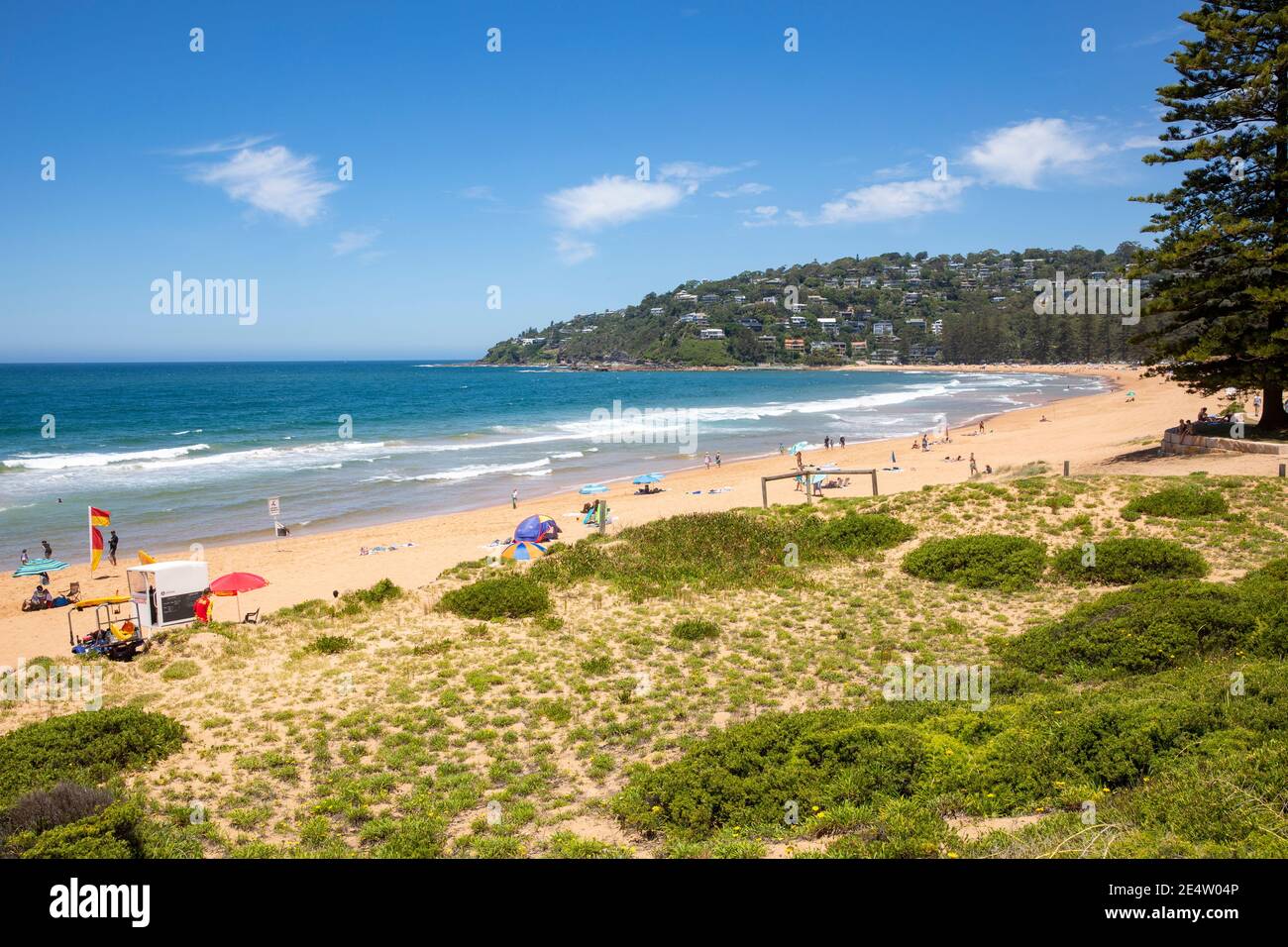 Palm Beach Sydney an einem heißen Sommertag mit Menschen Genießen Sie den Strand und das Meer, Sydney Northern Beaches, NSW, Australien Stockfoto