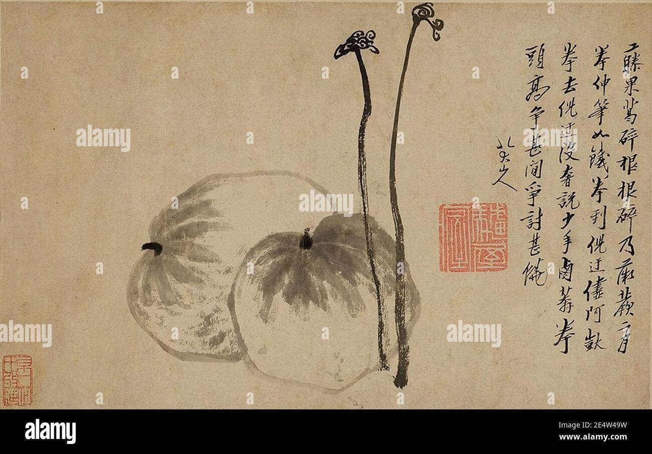 Melonen und Brackens von Bada Shanren, Tusche auf Papier. Stockfoto