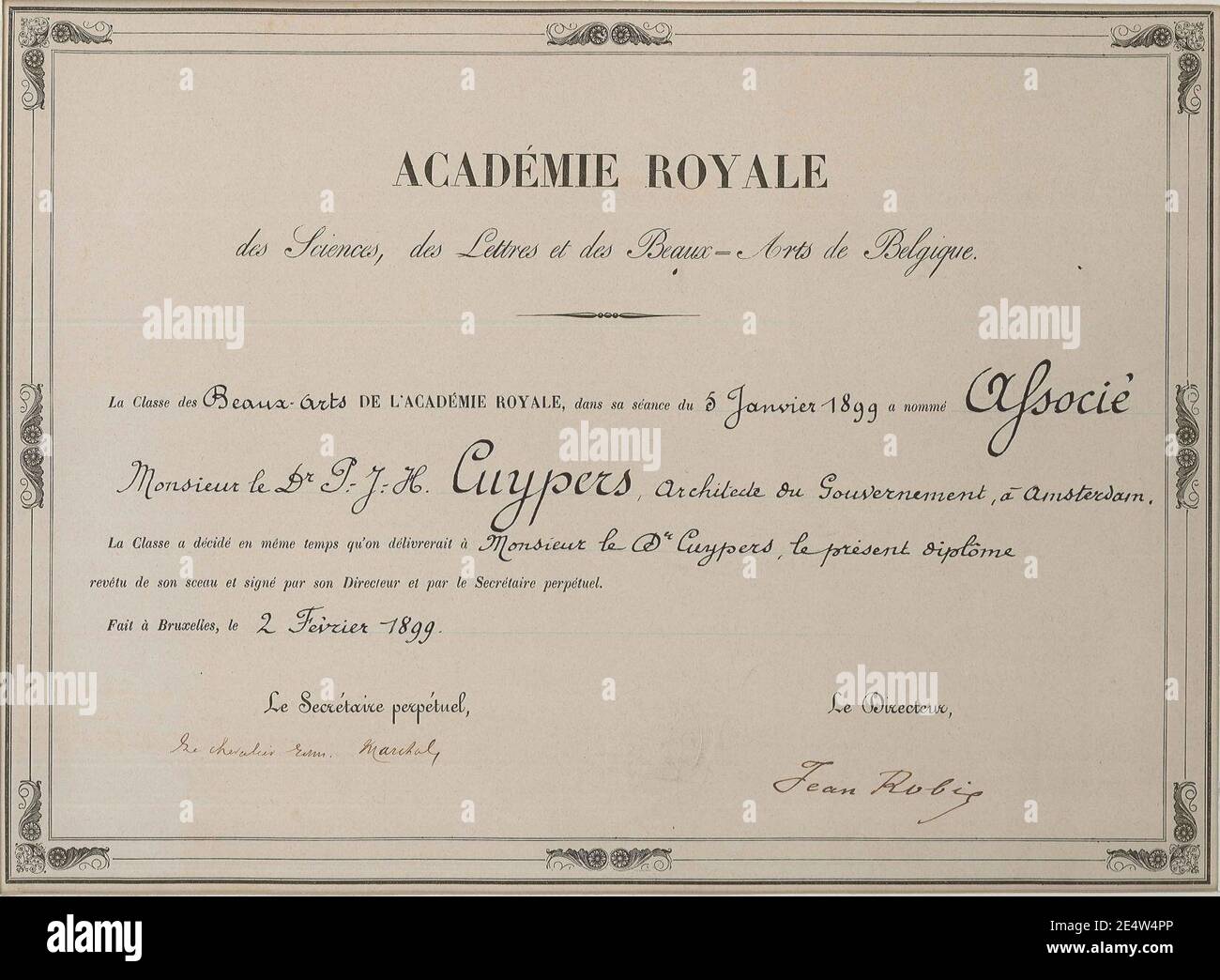 Mitgliedschaftsurkunde der Académie Royale des Sciences, des Lettres et des Beaux-Arts de Belgique für Pierre Cuypers Cuypershuis 0459. Stockfoto