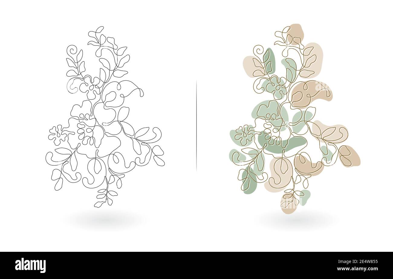 Blumen Linien Kunst Design, Floral Hand gezeichnet Vektor mit zwei Modellen Farben monochrom und Pastell, anwendbar für Einladungskarten, Grußkarten Stock Vektor