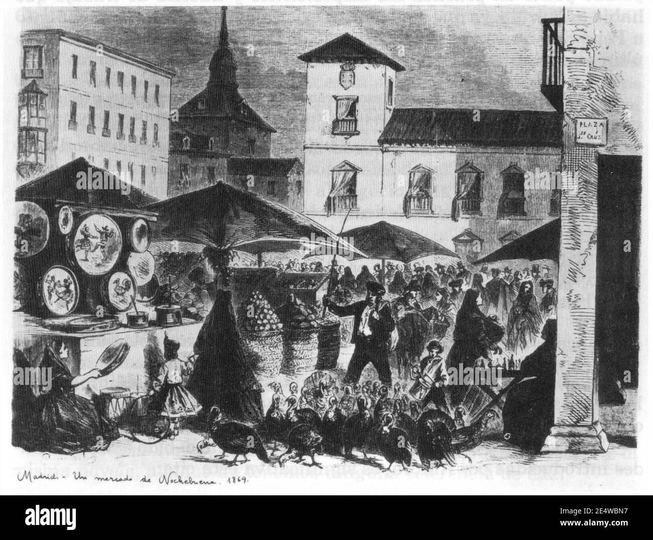 Mercado navideño en la Plaza de Santa Cruz Madrid 1869. Stockfoto