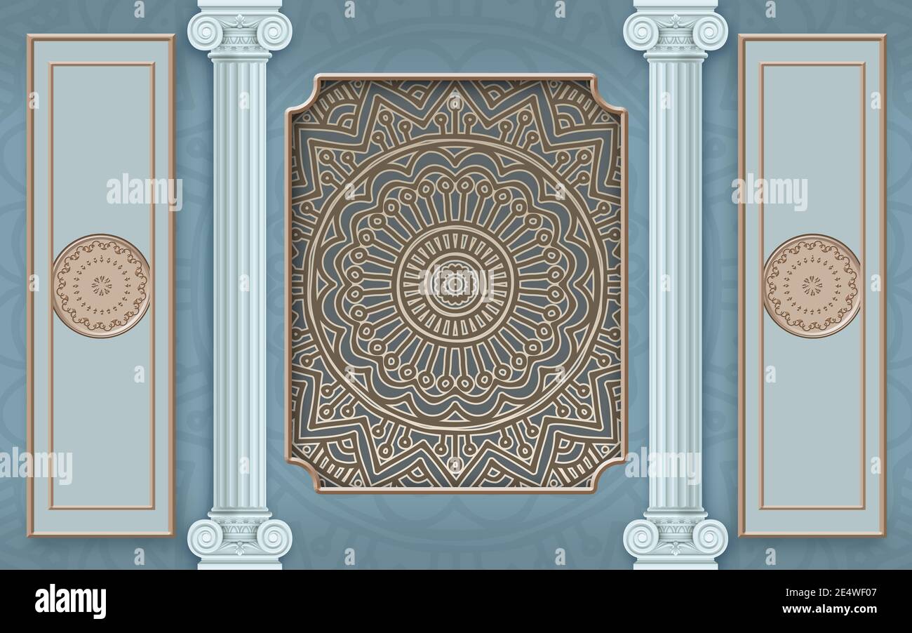 3d-Illustration, zwei Säulen und braune Ziertafeln auf grünem Hintergrund Stockfoto