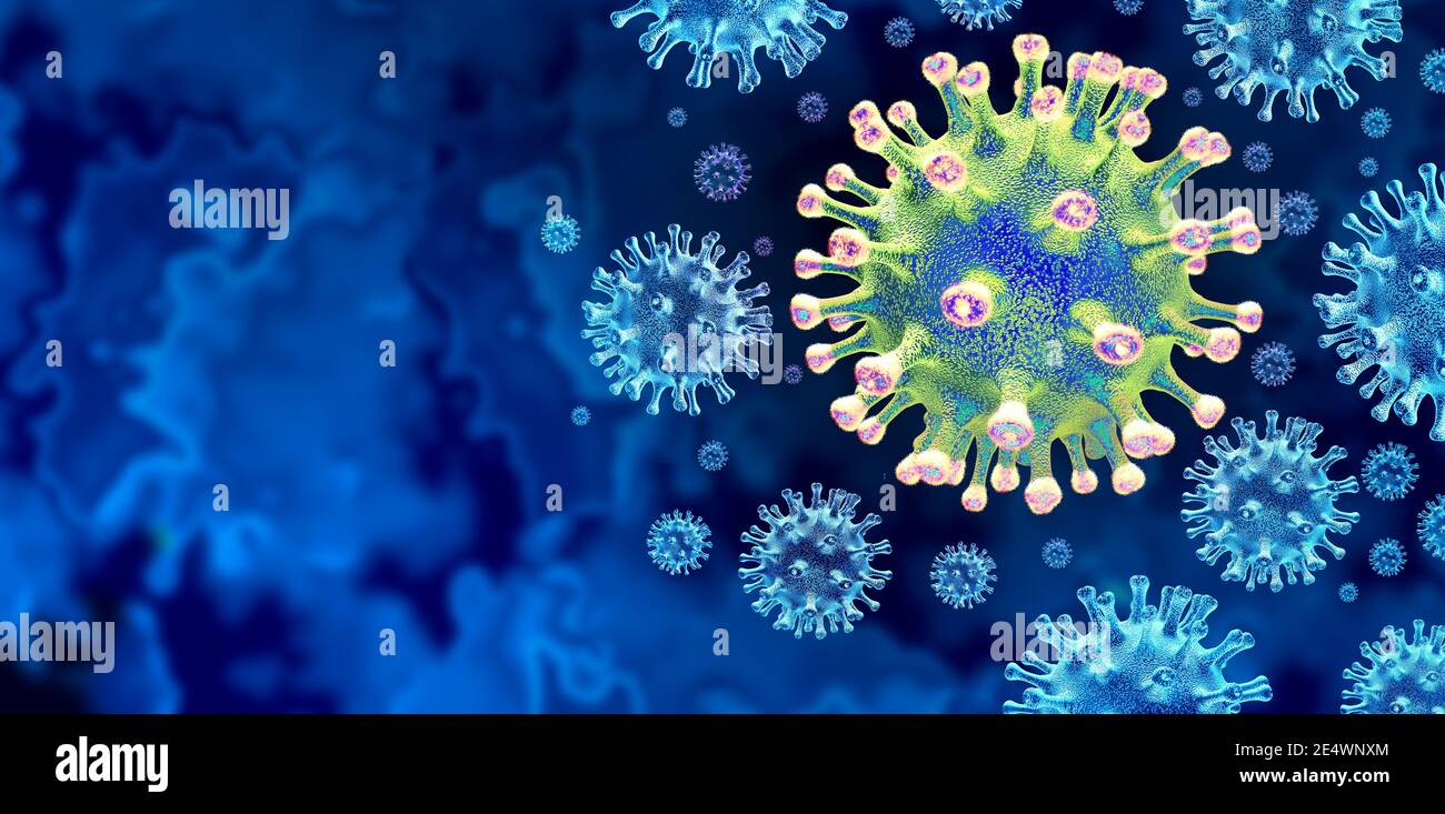 Neue Coronavirus-Variante Ausbruch und covid-19 Virus Zellmutation Ausbreitung und Influenza Hintergrund als gefährliche Grippe Stamm als Pandemiemedizin. Stockfoto