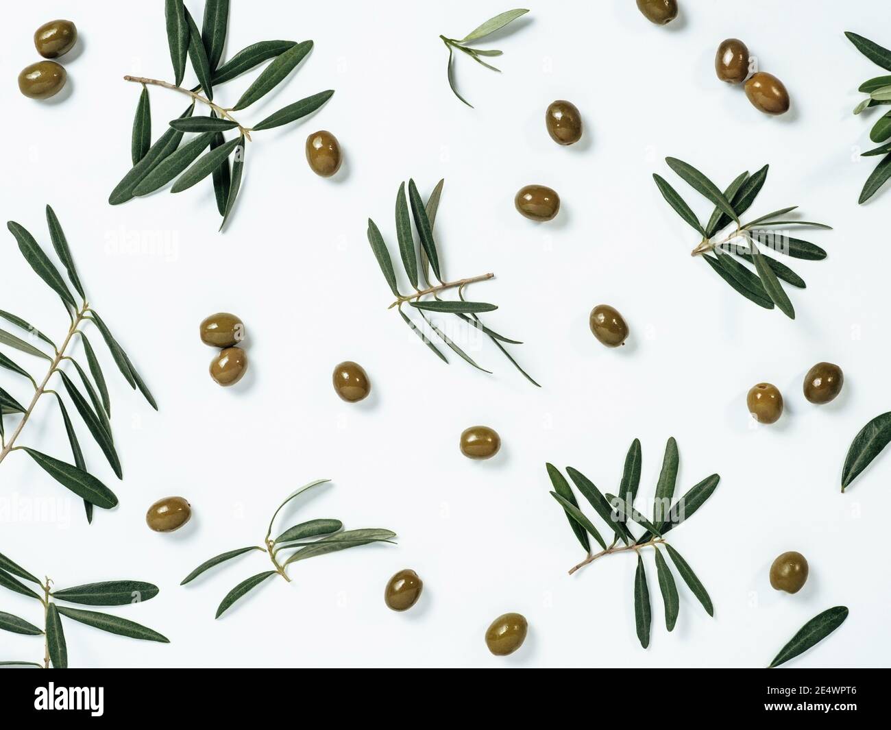 Schönes Muster mit grünen Oliven und Oliven Baum Blätter und Zweige auf weißem Hintergrund. Olivenbaum Früchte und Äste als Muster, Draufsicht oder flach legen. Stockfoto