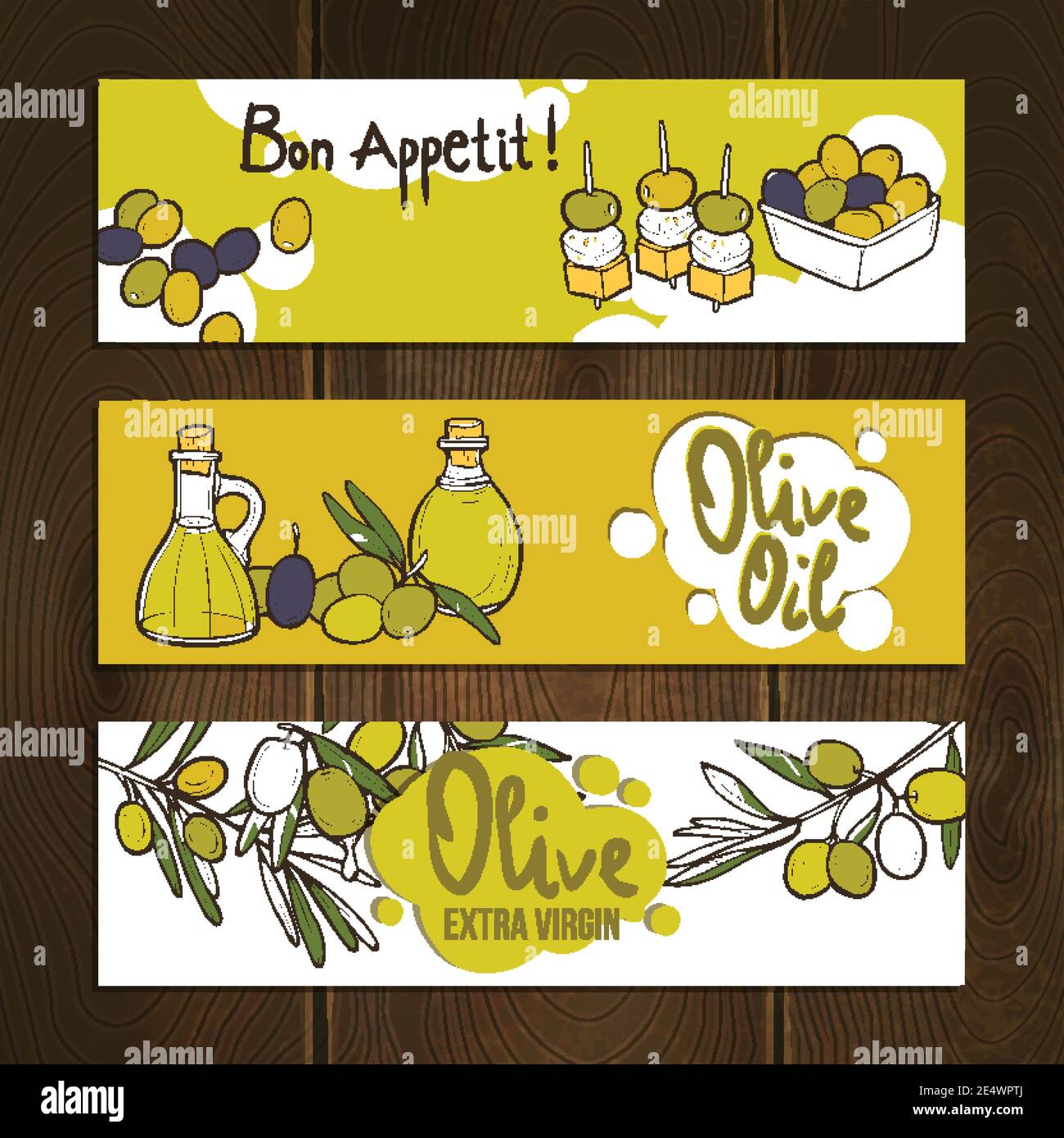 Olive Gemüse und Öl Hand gezeichnete horizontale Banner gesetzt isoliert vektorgrafik Stock Vektor