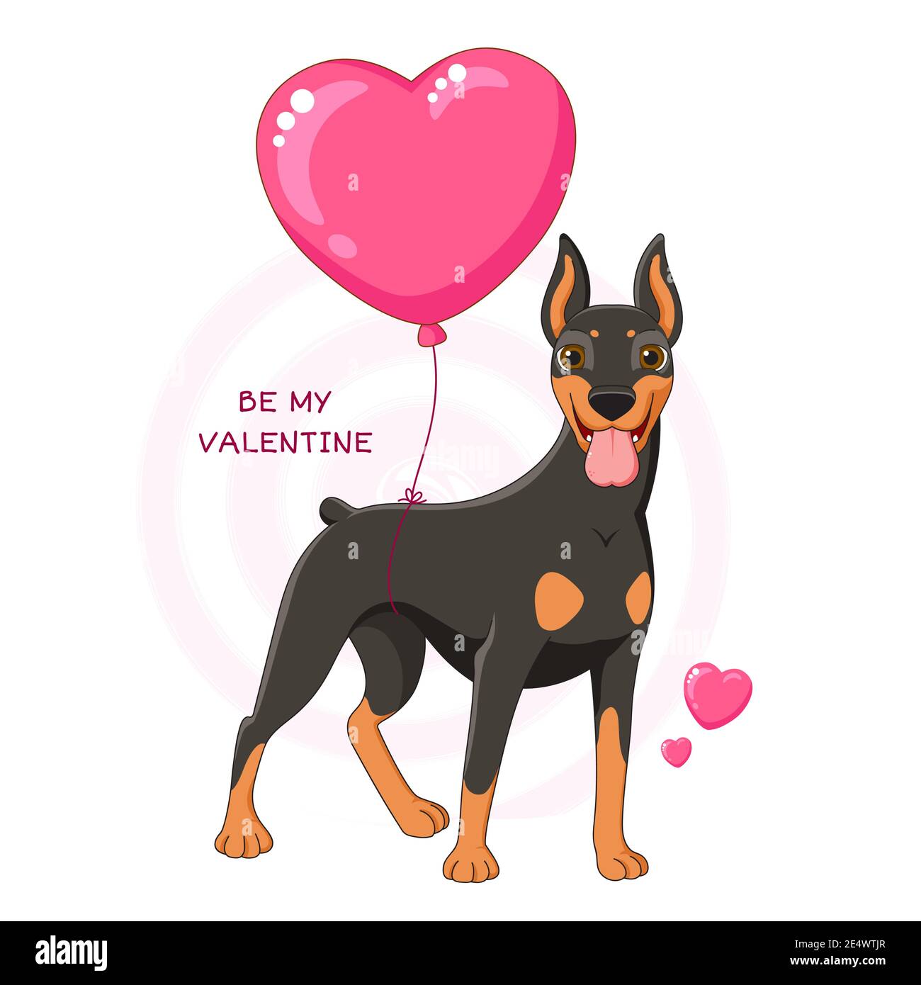 Valentinskarte mit niedlichem Hund. Lustige Cartoon doberman pinscher mit Herz geformten Ballon, Inschrift sein mein Valentine. Vektorgrafik EPS8 Stock Vektor
