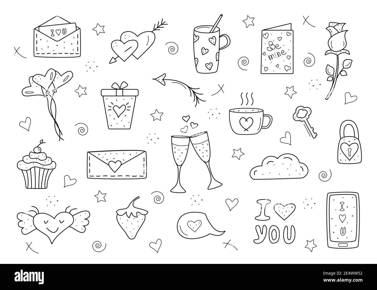 Schwarze Vektor-Elemente. Set Valentinstag und Hochzeiten Ikonen Doodle. Design für Drucke, Karten und Malvorlagen Stockfoto