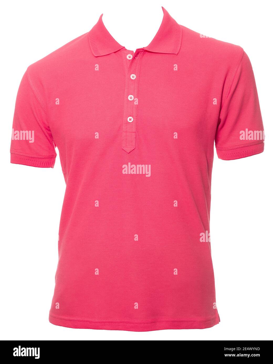 Rosa einfarbiges Kurzarm-Poloshirt aus pikee-gestrickter Baumwolle auf einem Schaufensterpuppe isoliert auf weißem Hintergrund Stockfoto
