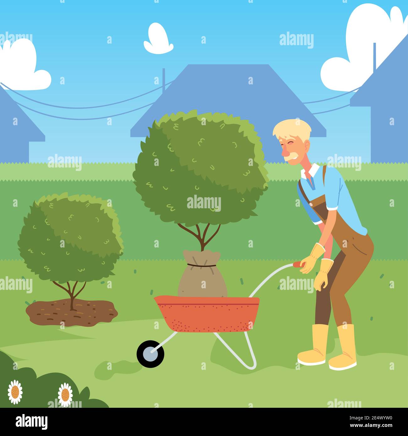 Gartenarbeit, alter Mann Gärtner mit Schubkarre und Baum für die
