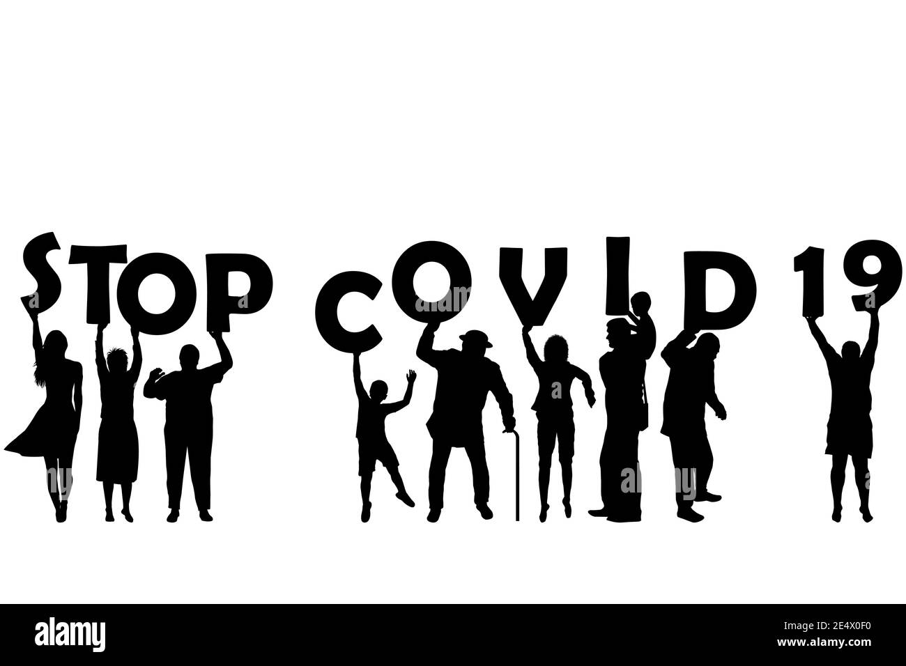 STOP COVID 19 (Coronavirus) mit Silhouette von Frauen, Männern und Kindern mit Briefen Stock Vektor