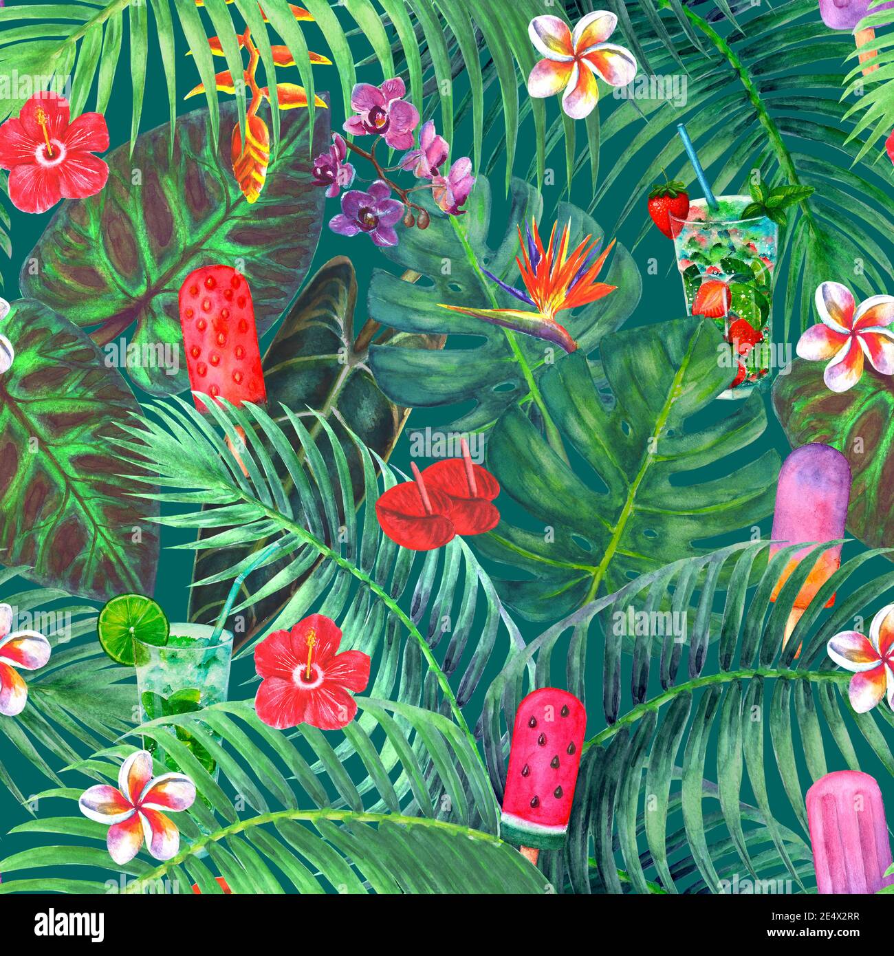 Aquarell abstrakt Sommer nahtlose Muster mit leuchtend grünen tropischen Pflanzen, Getränke, Eis auf blaugrün Hintergrund. Exotische Blätter Palmen, Monste Stockfoto