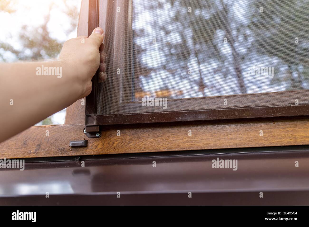 Close-up professionelle Arbeiter Hand Installation Fenster Moskito Insekt Fliegenschutz an Holzhaus Außenwand. Haushälterin Stockfoto