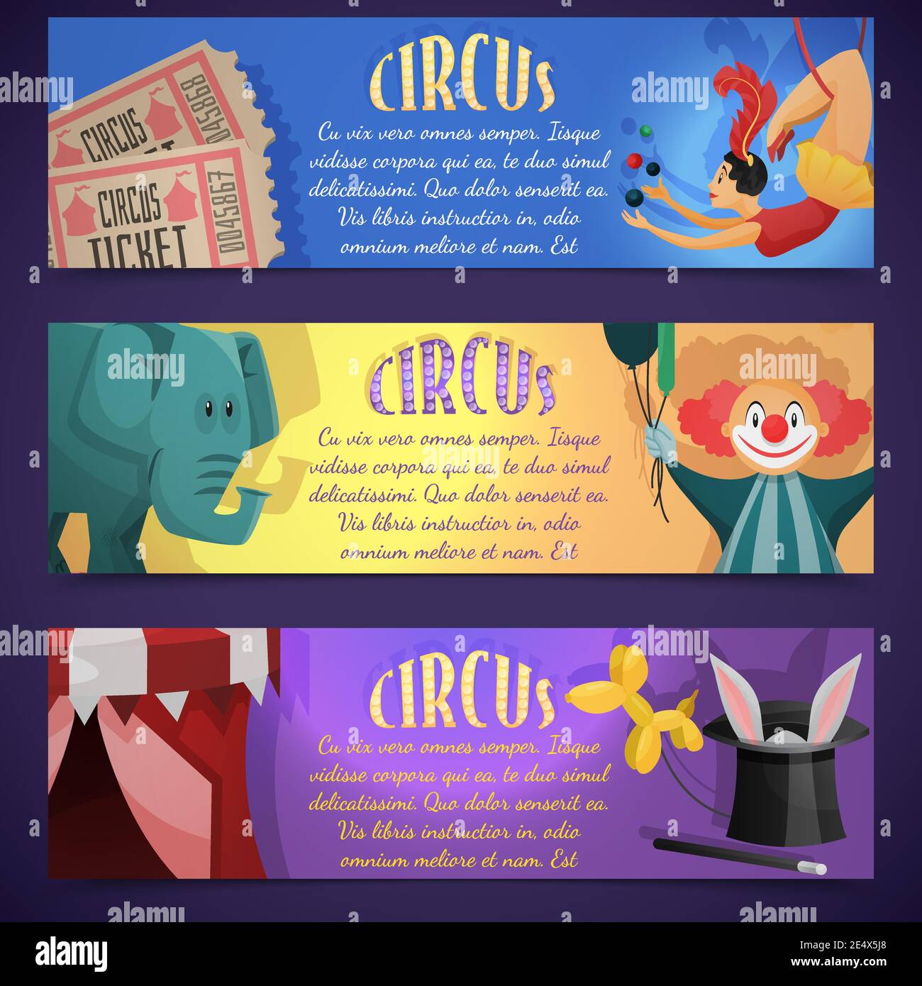 Zirkus-Performance horizontales Bannerset mit Tickets magischer Hut acrobat Isolierte Vektordarstellung Stock Vektor