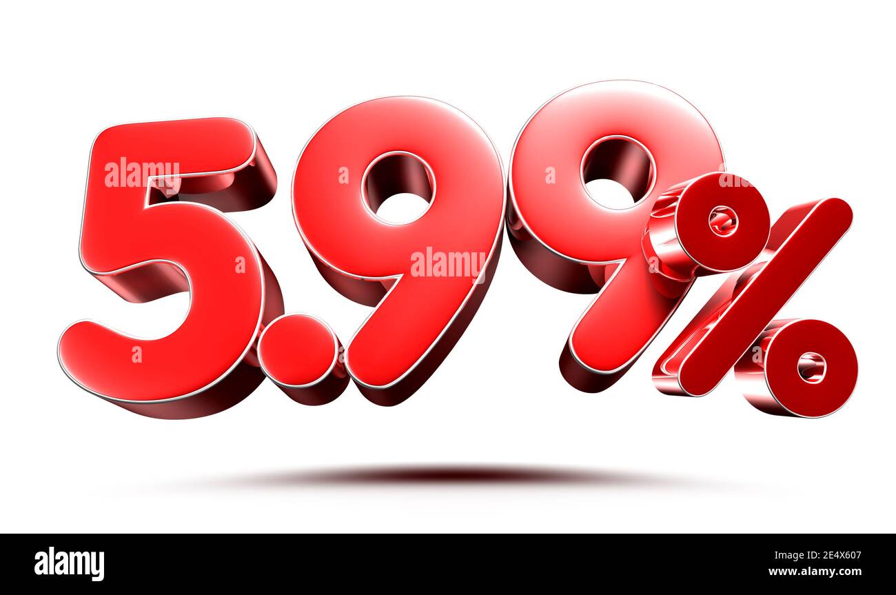 5.99 % rot auf weißem Hintergrund 3D-Rendering mit Beschneidungspfad. Stockfoto