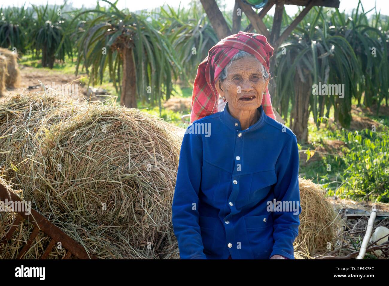 Binh Thanh Commune, Tuy Phong District, Provinz Binh Thuan, Vietnam - 15. Januar 2021: Porträt einer älteren Cham ethnischen Frau in Tuy Phong Distric Stockfoto