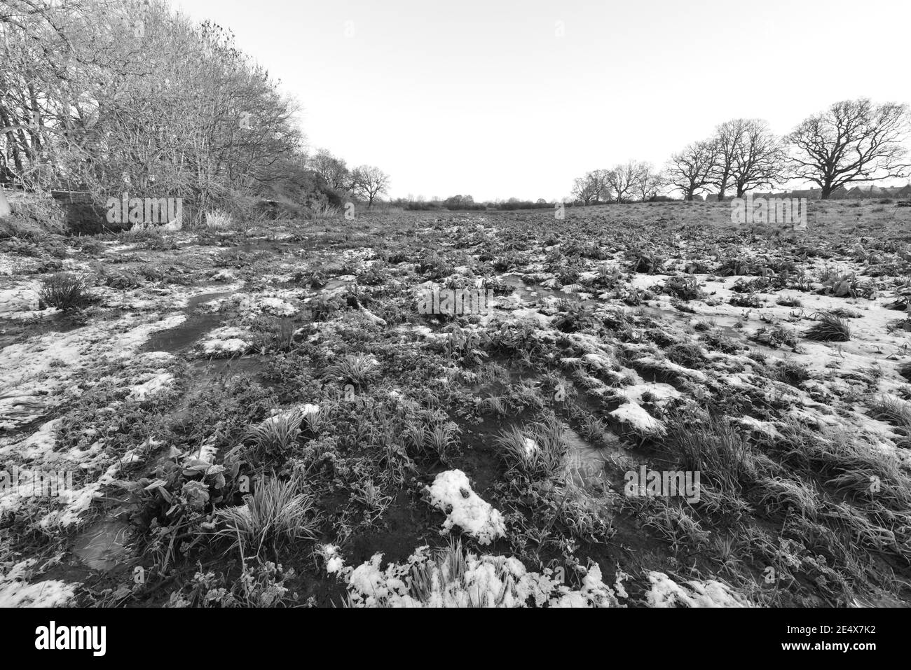 Gefrorenes eisiges Wasser auf einer Hochwasserebene in Horley, Surrey, Großbritannien im Januar 2021 Stockfoto