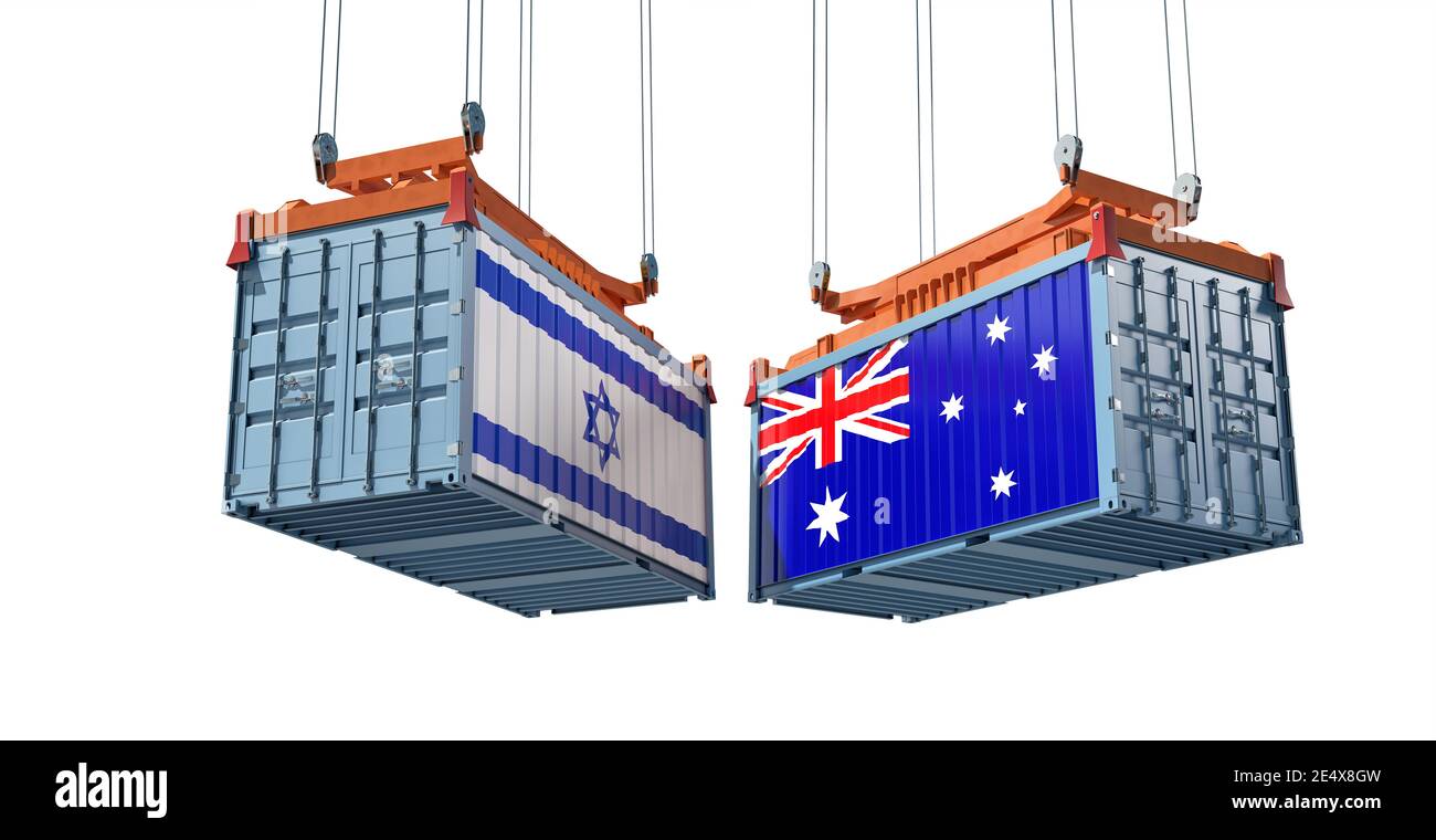 Frachtcontainer mit Israel und Australien Flagge. 3D-Rendering Stockfoto