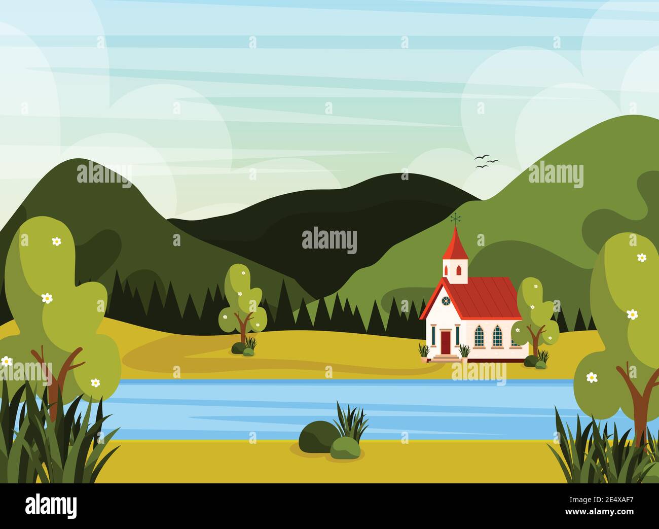 Schöne Berge Landspitze und eine skandinavische Kirche. vektor-Illustration Poster. Stock Vektor