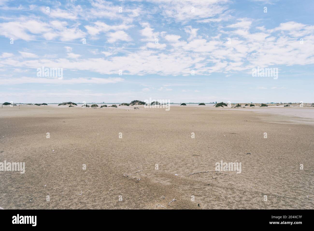 Einsame Dünen im Ebro Delta, Tarragona, Spanien. Der Tag ist bewölkt und windig. Stockfoto