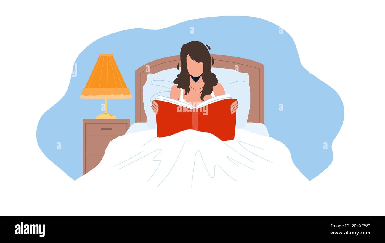 Frau Buch Lesen Im Schlafzimmer Vor Dem Schlafengehen Vektor Stock Vektor
