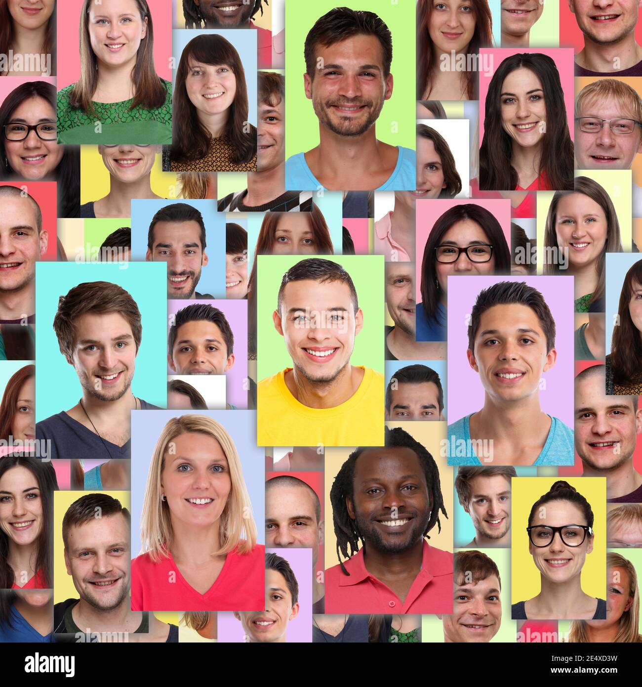 Portrait Sammlung Gruppe von Menschen Porträts Gesichter Hintergrund Quadrat jung Lächelndes Social-Media-Netzwerk Stockfoto