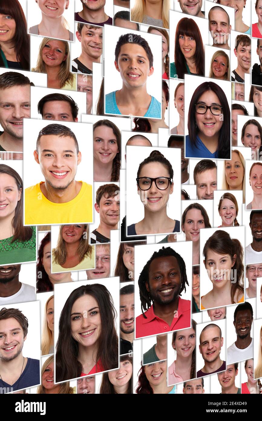 Menschen Hintergrund Gruppe von multirassischen jungen lächelnd glückliche Gesichter Porträt Formatieren Sie Porträts mit unterschiedlichen Formaten Stockfoto