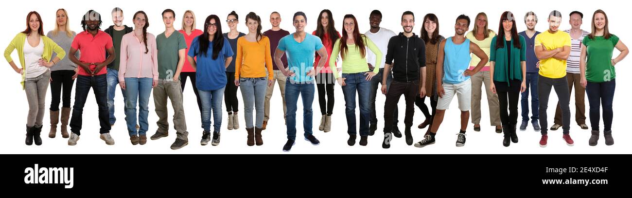 Multikulturelle große Gruppe von jungen Menschen lächeln glücklich multi ethnischen Ganzkörper stehend isoliert auf weißem Hintergrund Stockfoto