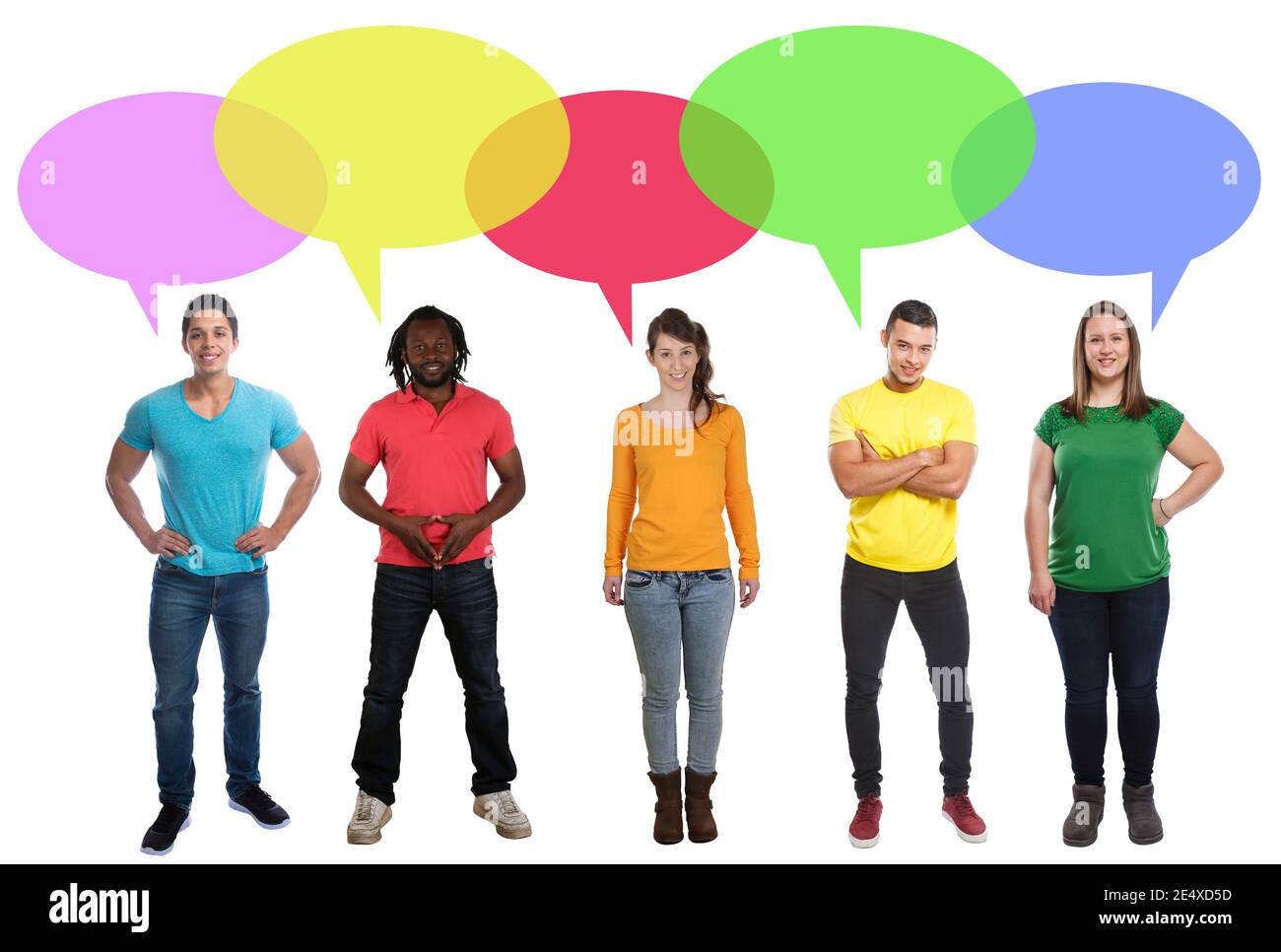 Gruppe von Menschen, die multikulturelle multiethnische Sprechblase Copyspace sprechen Platz kopieren jung Stockfoto