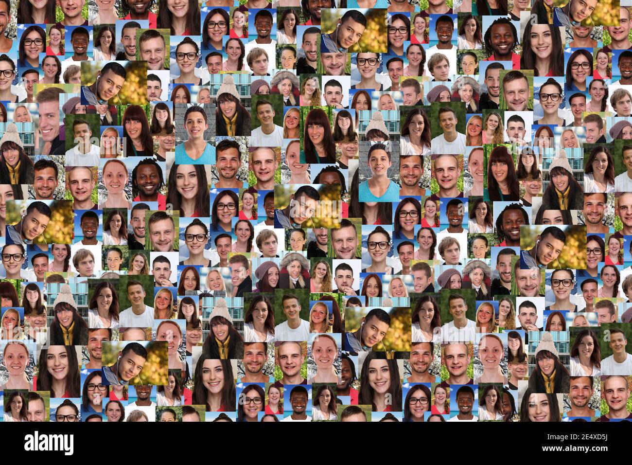 Hintergrund Porträt Sammlung Gruppe von jungen Menschen Porträts Gesichter multikulturell Social Media-Netzwerk Stockfoto