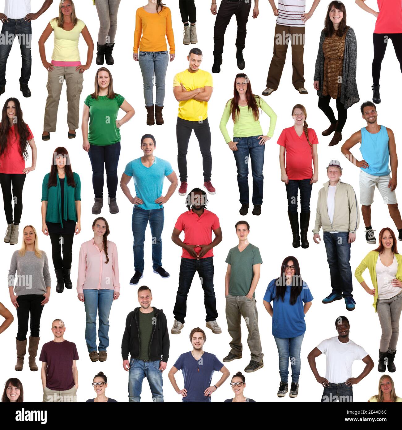 Gruppe von jungen Menschen Hintergrund lächelnd glücklich multikulturell multi ethnisch Quadrat isoliert auf weißem Hintergrund Stockfoto