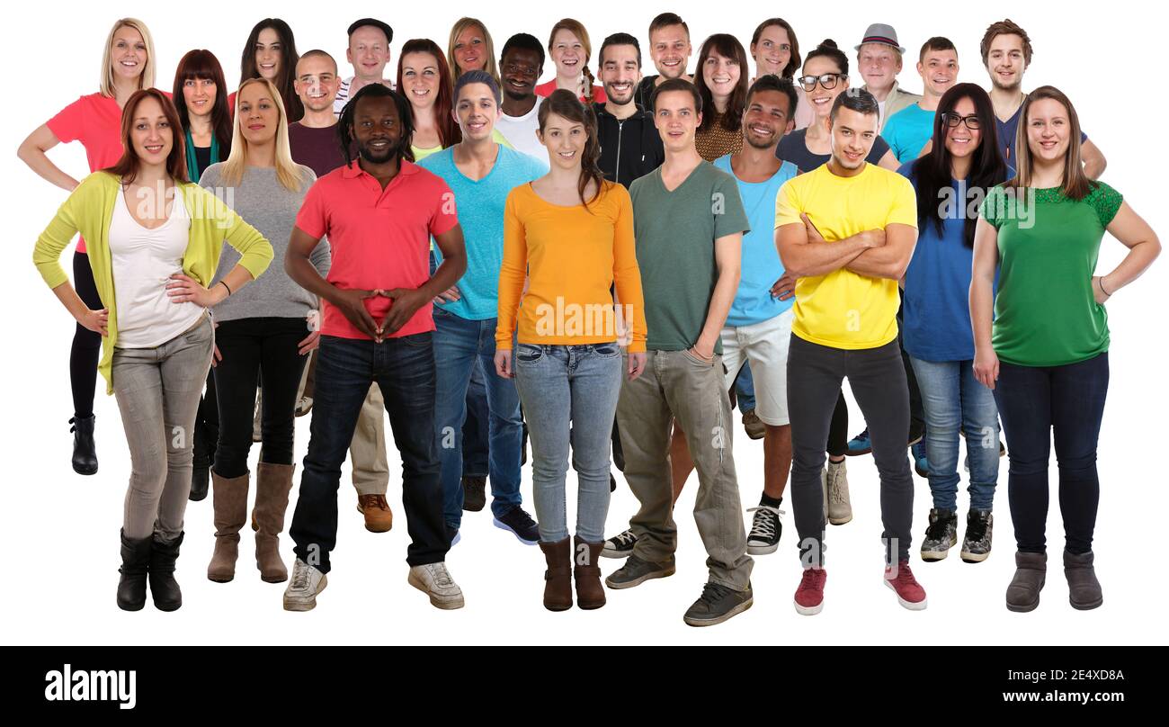 Multikulturell große Gruppe von jungen Menschen glücklich lächelnd Vielfalt isoliert Auf weißem Hintergrund Stockfoto