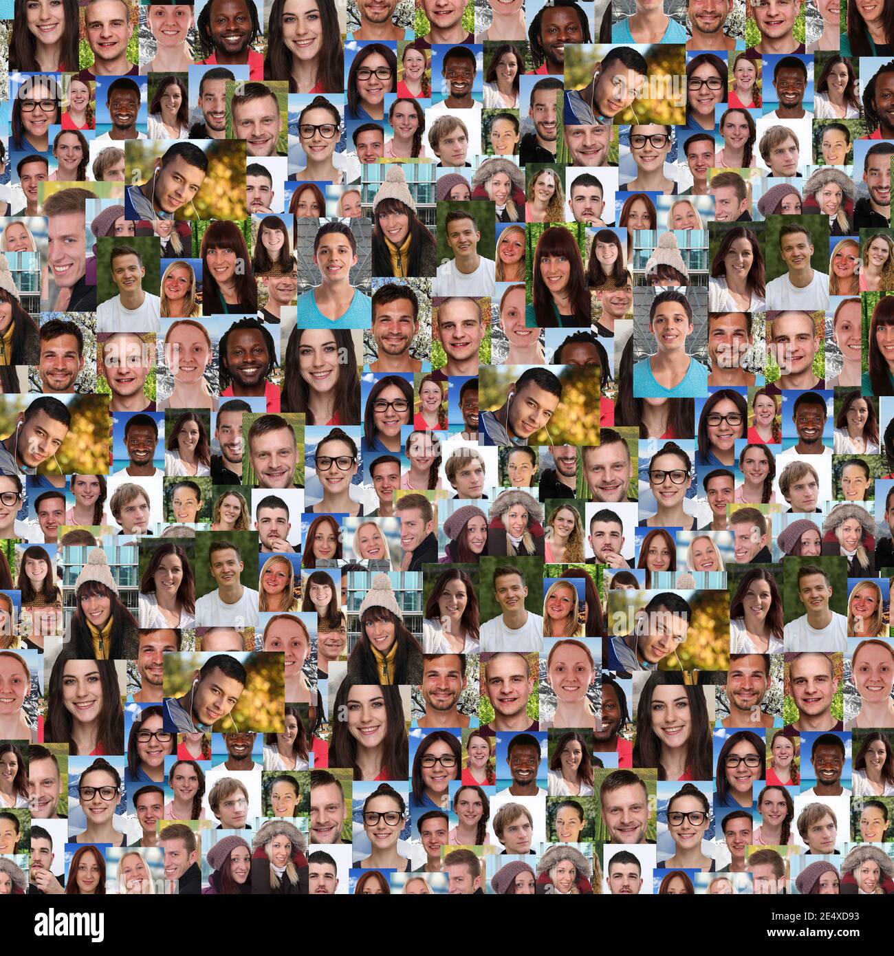 Hintergrund Porträt Sammlung Gruppe von jungen Menschen Porträts Gesichter quadratisch Multikulturelles Social-Media-Netzwerk Stockfoto