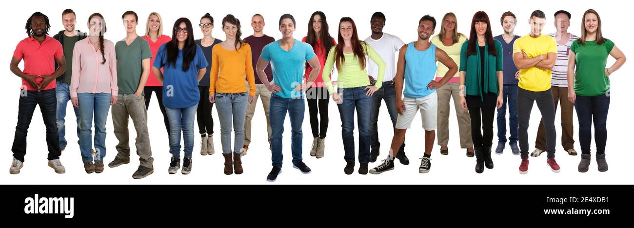 Multikulturelle Gruppe von jungen Menschen lächeln glücklich multi ethnischen voll Körper steht isoliert auf weißem Hintergrund Stockfoto