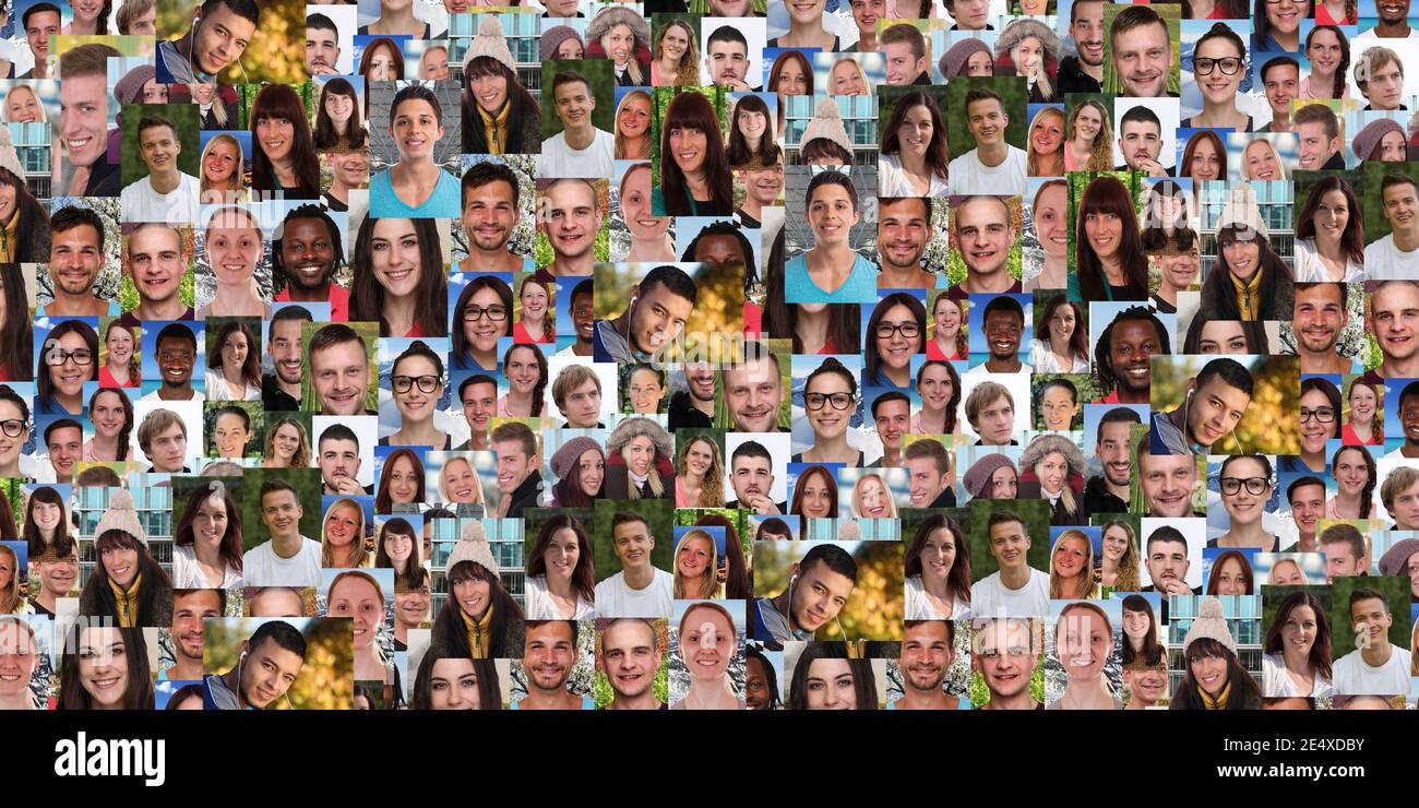 Hintergrund Porträt Sammlung Gruppe von jungen Menschen Porträts Gesichter Banner Multikulturelles Social-Media-Netzwerk Stockfoto