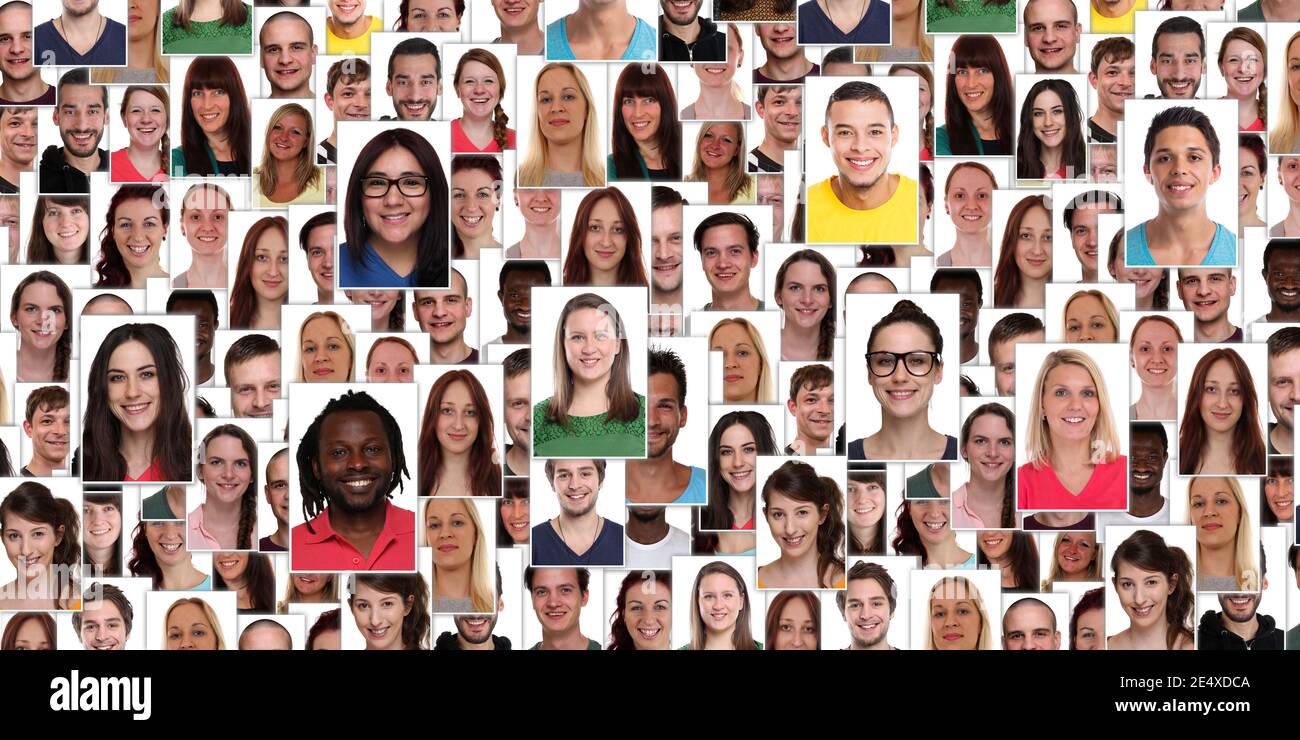 Gruppe von multirassischen jungen lächelnden glücklichen Menschen Porträt Vielfalt Banner Hintergrund Collage Porträts Stockfoto