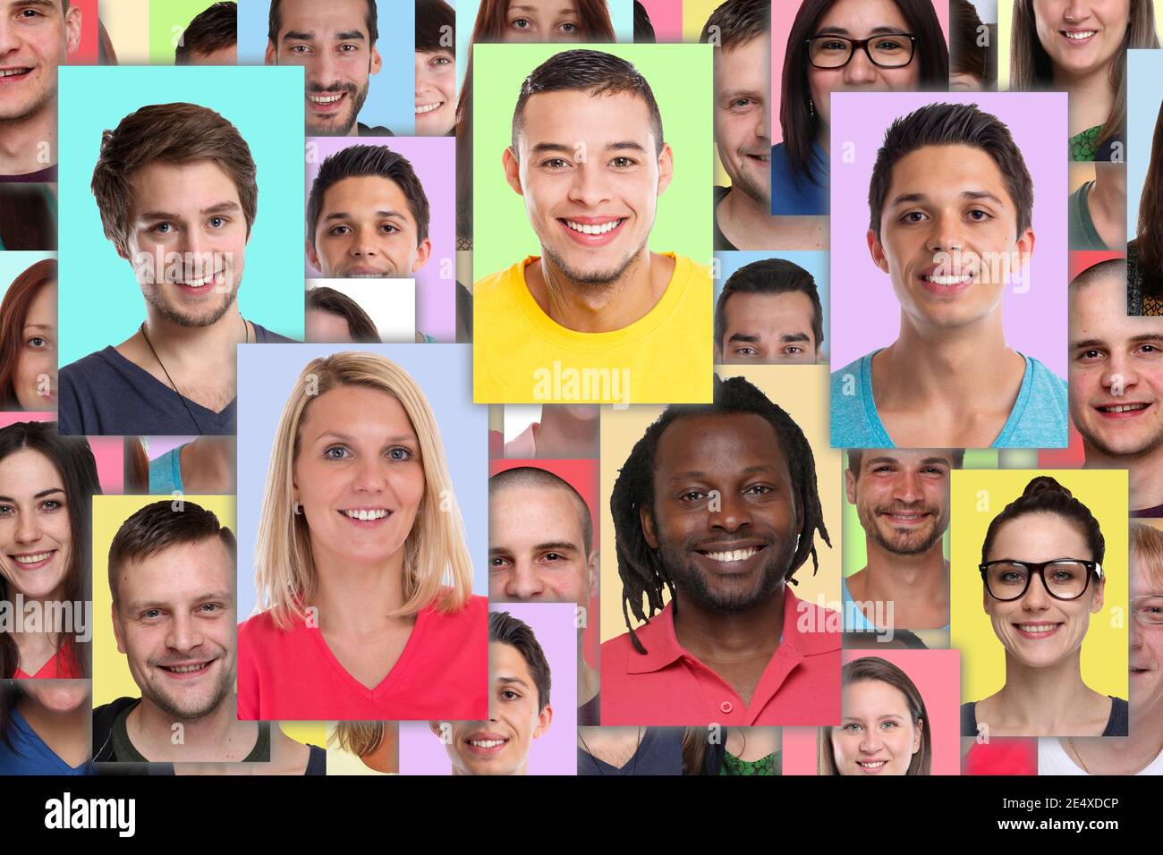 Portrait Sammlung Gruppe von Menschen Porträts Gesichter Hintergrund jung lächelnd Social Media-Netzwerk Stockfoto