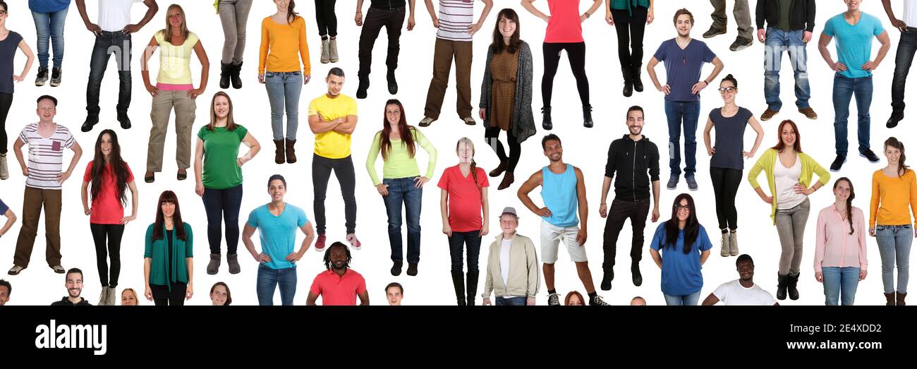 Gruppe von jungen Menschen Hintergrund lächelnd glücklich multikulturell multi ethnisch Panorama isoliert auf weißem Hintergrund Stockfoto