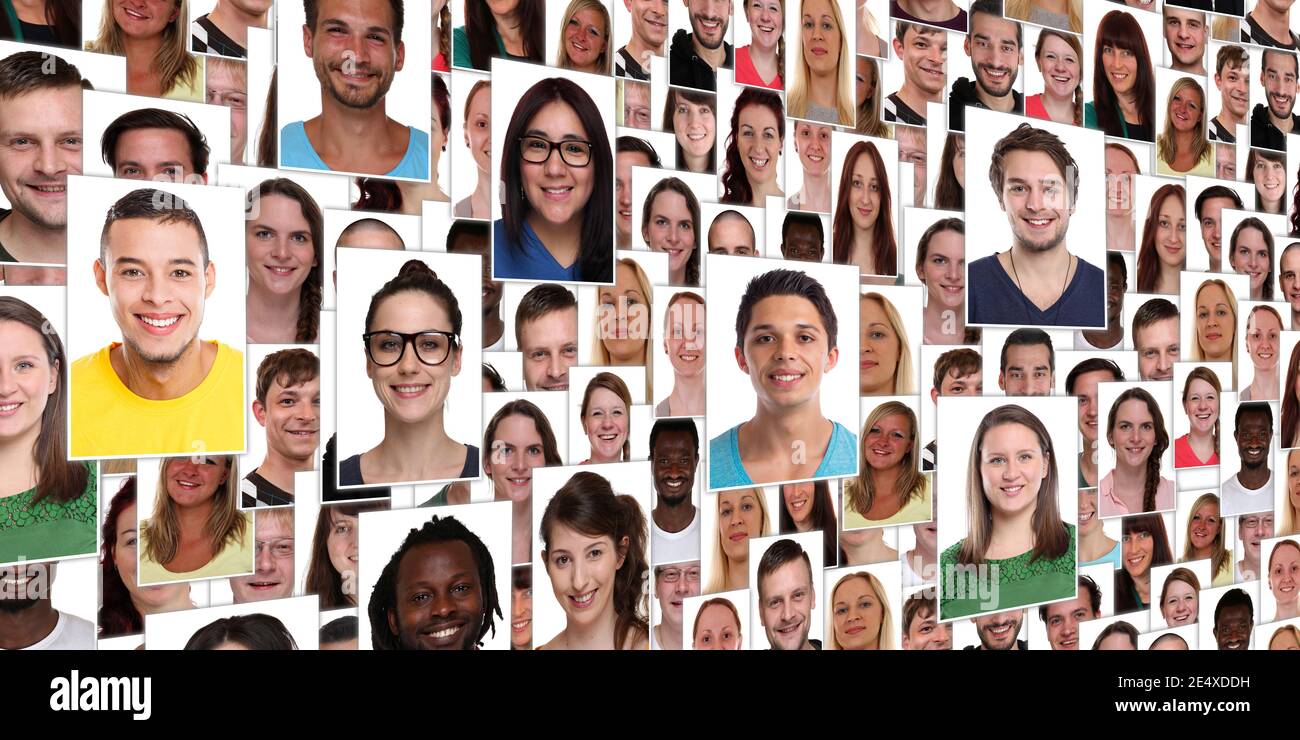 Menschen Hintergrund Gruppe von multirassischen jungen lächelnden glücklichen Gesichtern Banner Porträts mit verschiedenen Porträts Stockfoto
