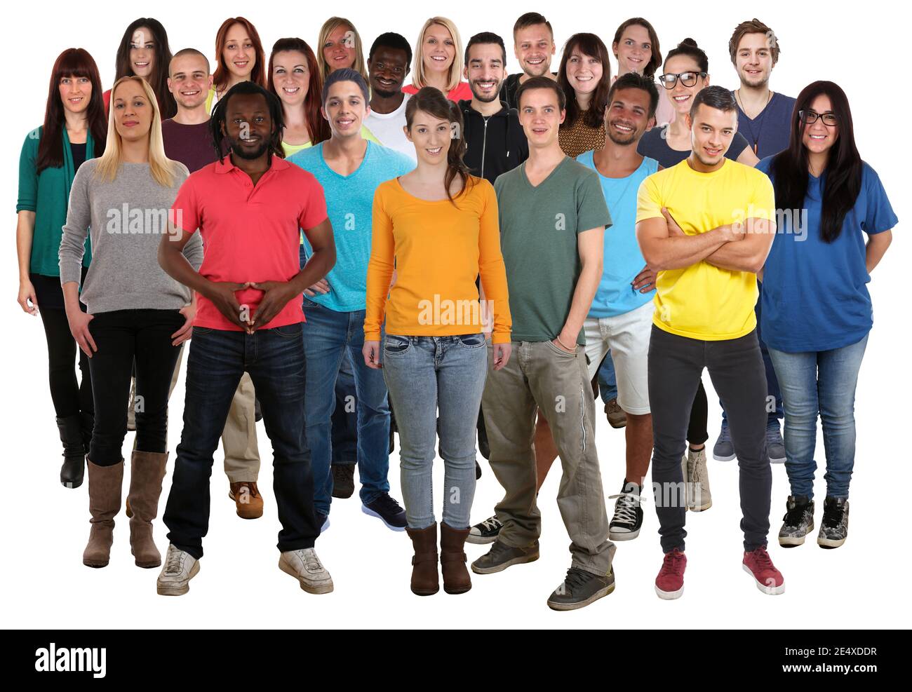 Multikulturelle Gruppe von jungen Menschen glücklich lächelnd Vielfalt isoliert auf Ein weißer Hintergrund Stockfoto