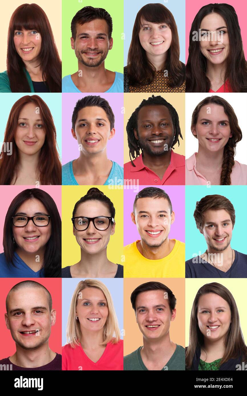 Collage Gruppenportraits von multirassischen multikulturellen jungen lächelnden Menschen Porträt Formatieren von Hintergrundflächen Hintergründe Stockfoto